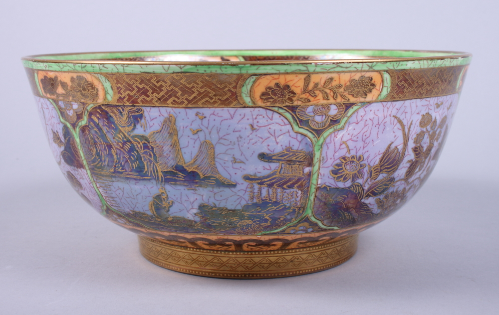 A Wedgwood lustre circular bowl, decorated with Chinese style landscapes, on gold painted - Image 5 of 9