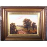 H West: a pair of 19th century oil on panel landscapes with figures, 9 1/2" x 13 1/2", in gilt frame