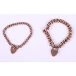 Two 9ct gold curb link bracelets with heart-shaped clasps, 31.8g gross