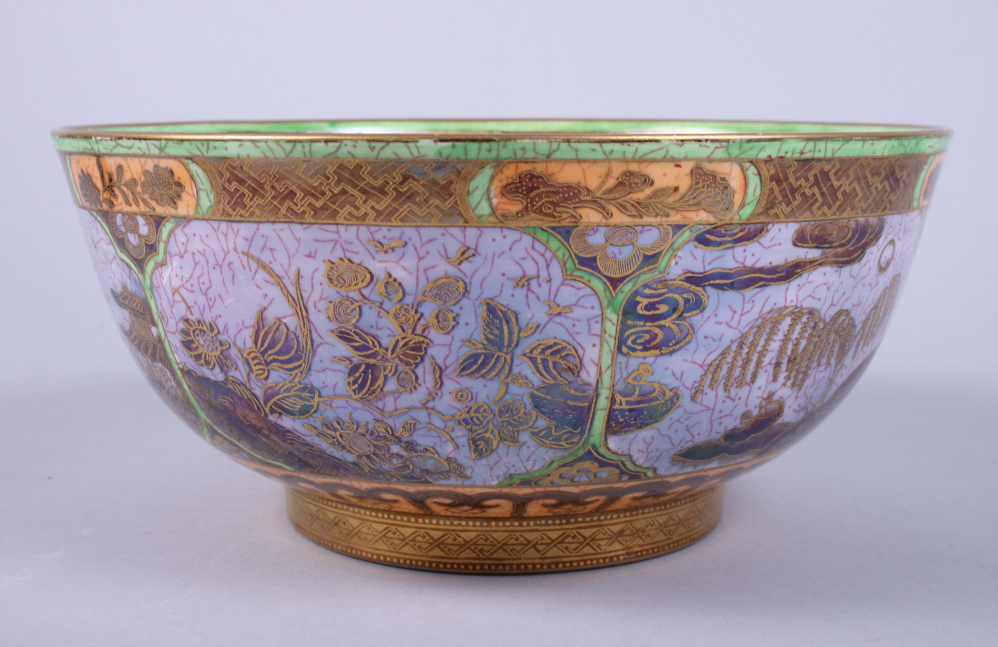 A Wedgwood lustre circular bowl, decorated with Chinese style landscapes, on gold painted - Image 4 of 9