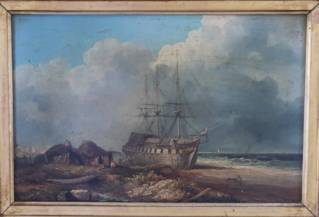 J WC... : a 19th century oil on panel, boat drawn up on a beach, 11 1/2" x 7 1/2", in deep gilt