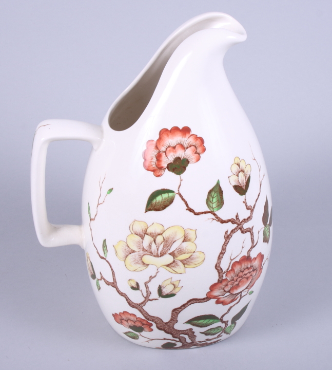 A mid 20th century Jessie Tait Midwinter "Ming Tree" lemonade jug with 'C' scroll handle, painted - Image 2 of 5