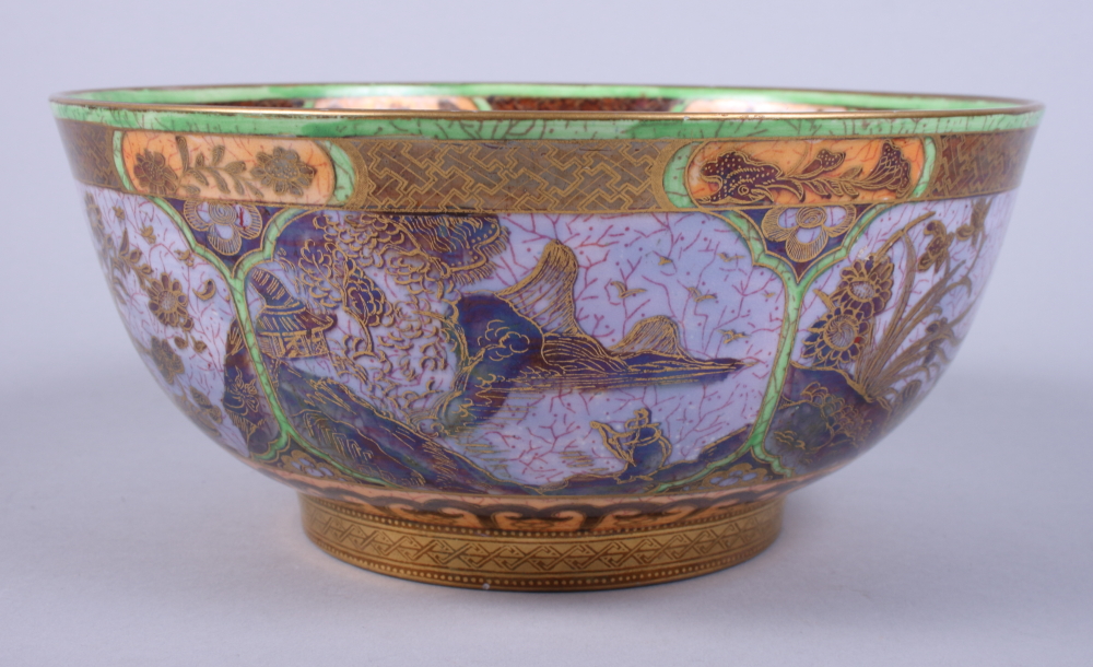 A Wedgwood lustre circular bowl, decorated with Chinese style landscapes, on gold painted - Image 2 of 9