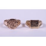 Two gentleman's 9ct gold signet rings, 10g gross