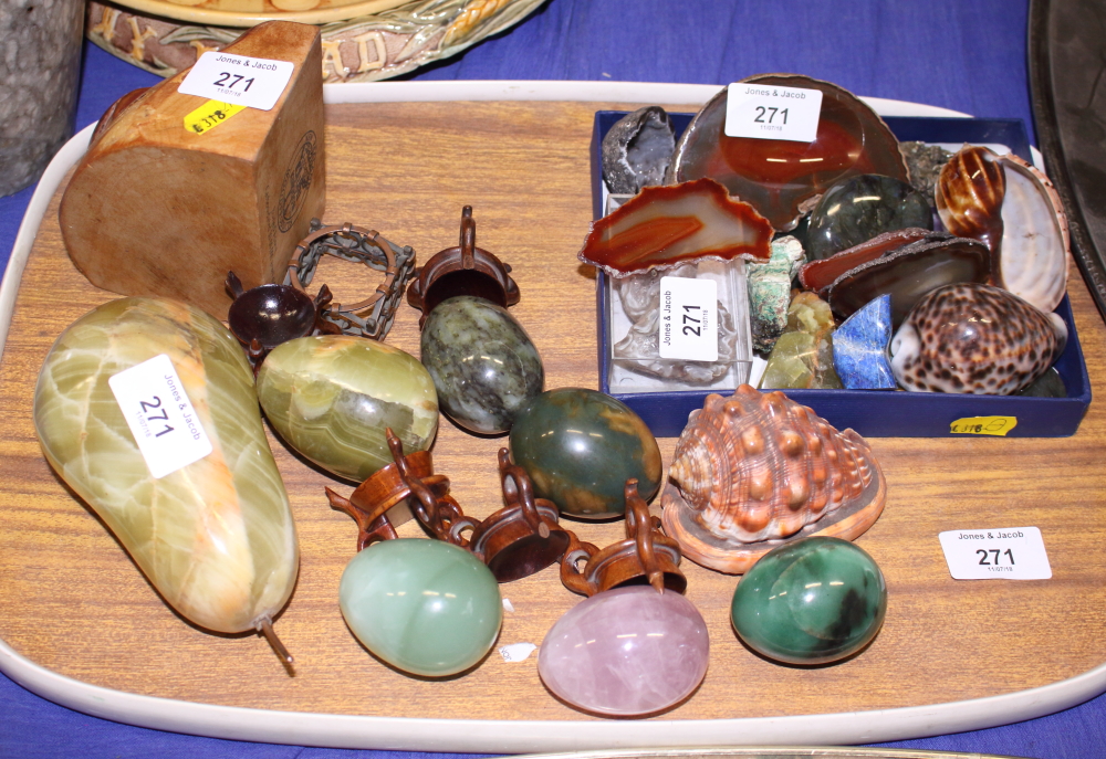 A collection of shells and mineral samples, including lapis lazuli, slices of banded agate, etc,