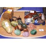 A collection of shells and mineral samples, including lapis lazuli, slices of banded agate, etc,