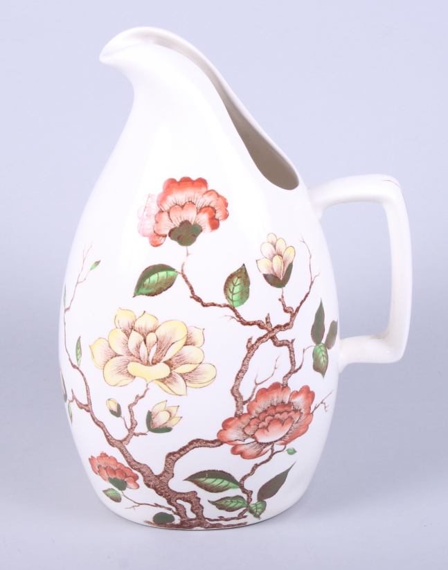 A mid 20th century Jessie Tait Midwinter "Ming Tree" lemonade jug with 'C' scroll handle, painted