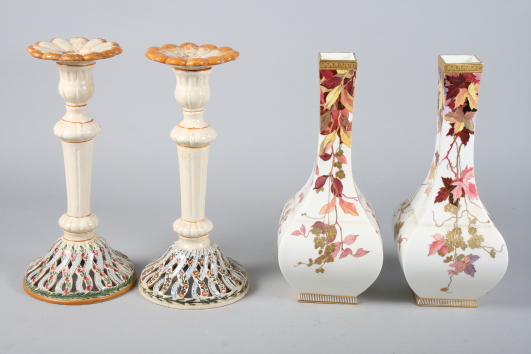 A pair of late 19th century square-section bottle vases, 12" high, and a pair of Continental