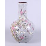 A Chinese grey crackle glaze porcelain bottle vase, decorated with birds in a blossom tree, four