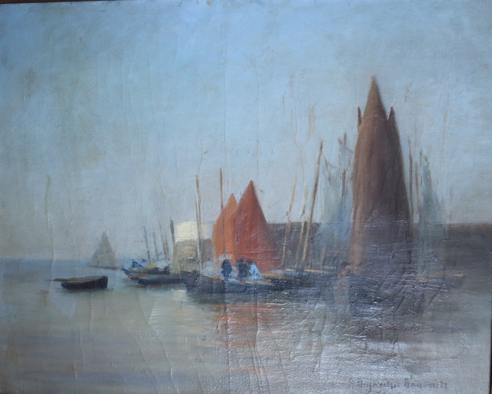 †A Dujardin Beaumetz, Aout 1909: oil on canvas, "Porte de Concarneau", harbour scene with fishing