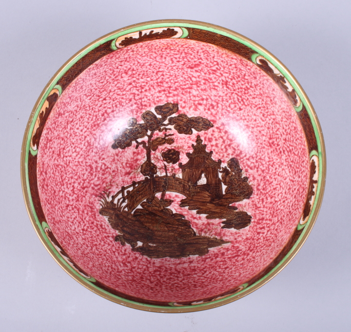 A Wedgwood lustre circular bowl, decorated with Chinese style landscapes, on gold painted - Image 7 of 9