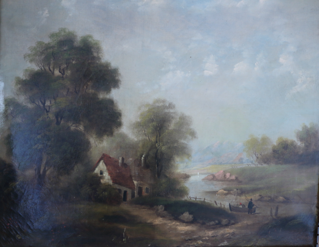 McSherry?: a 19th century oil on canvas, "View near Windermere", landscape with figures by a boat