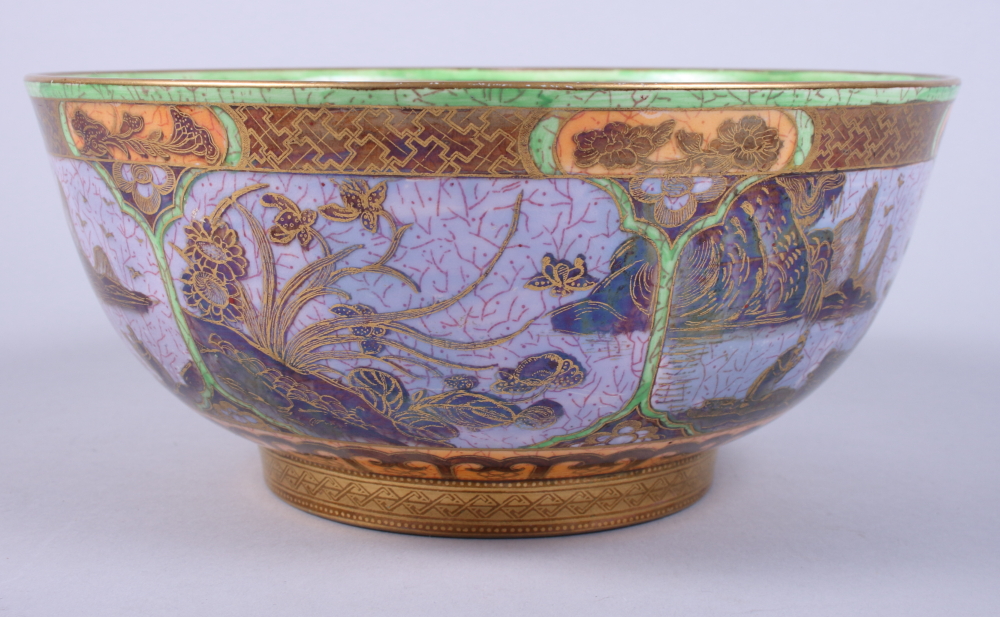 A Wedgwood lustre circular bowl, decorated with Chinese style landscapes, on gold painted - Image 3 of 9