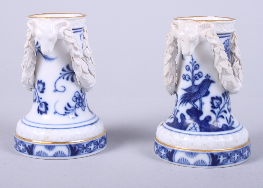 A pair of late 19th century Meissen porcelain spill vases with applied ram's head and garland - Image 3 of 5