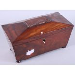 A 19th century mahogany two-division tea caddy with engraved glass blending bowl, on bun feet, 12"