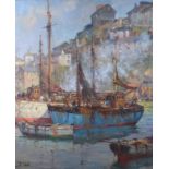 Ellis Luciano Silas: oil on board, Brixham fishing boats with town behind, titled verso, 23 1/2" x