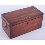 An early 19th century mahogany tea caddy with three division interior, 12" wide