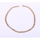 An 18ct gold square link choker set five cabochon rubies, 15" long approx
