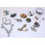 An Art Deco design silver brooch, a Kigu marcasite brooch and other costume jewellery, various