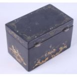 A 19th century papier-mache two-division tea caddy, painted with scrolls and flowers, 7" wide