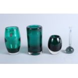 Two Whitefriars green glass oviform vases, 6" high and 4" high, each with original label, and two