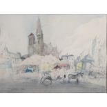 John Revel: pencil and watercolour, "Place Thieus Liseux", 13" x 18", in strip frame