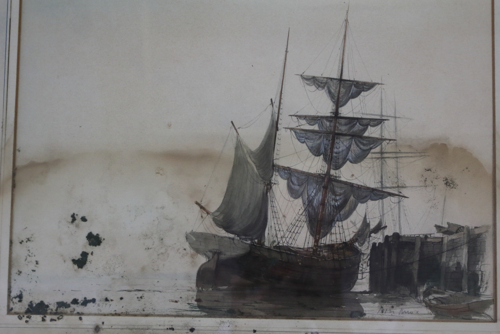 Three watercolour studies, sailing boats and jetties, in strip frames (water damages)