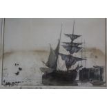Three watercolour studies, sailing boats and jetties, in strip frames (water damages)