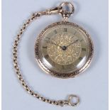 A gold and niello enamel cased open faced pocket watch, engraved gilt metal dial with Roman