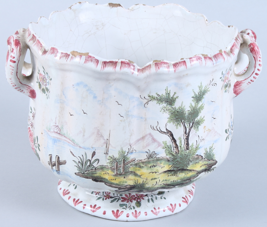 An early 20th century faience two-handled cachepot, with panels of mountains, lakes and figures, 7 - Image 2 of 5