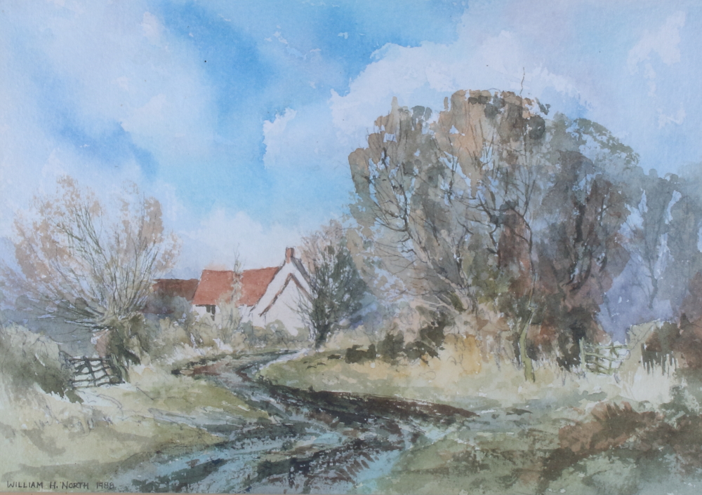 William H North: watercolours, "Near Wendlebury, Sheds and Haystack", 7" x 11 1/2", in strip - Image 2 of 3