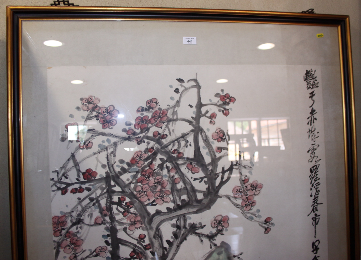 A Chinese watercolour and ink drawing, prunus blossom and rocks, 58" x 31 1/2", and a similar study, - Bild 5 aus 9