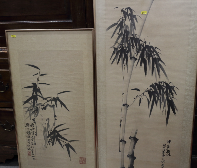 A Chinese ink drawing of bamboo, 25" x 13 1/2", and a companion study, 36" x 14 3/4", in strip