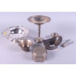 A silver bonbon stand with weighted base, 6" dia, a silver salt, engraved 17th century design, a