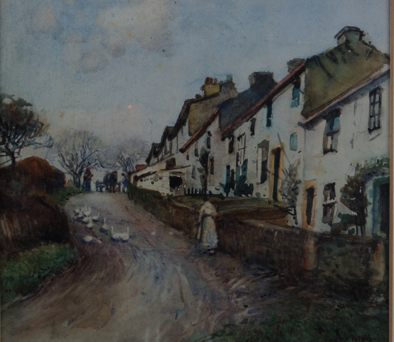 A L B Woods, 1913: watercolours, village scene with figure and geese, 7 1/4" x 8 1/4", in wash