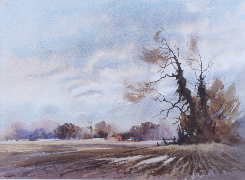 William H North: watercolours, "Trees near Wendlebury", 10" x 13 1/2", in strip frame