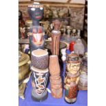 Two African painted floor standing figures, two Chinese painted wooden figures, the taller 28" high,