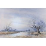 William H North: watercolours, view of Otmoor Oxford, 13 3/4" x 21", in silvered frame