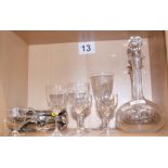 A Whitefriars "knobbly" shallow bowl, two sherry decanters and other glass, various