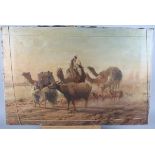 William Asthon, 1822: oil on canvas, camels and other animals being ridden across a dessert, with