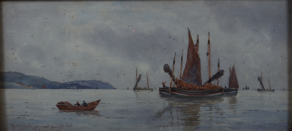 R Warren Vernon: watercolours, "Herring Boats Becalmed off St Abb's Head", 6 1/4" x 14"