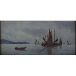R Warren Vernon: watercolours, "Herring Boats Becalmed off St Abb's Head", 6 1/4" x 14"