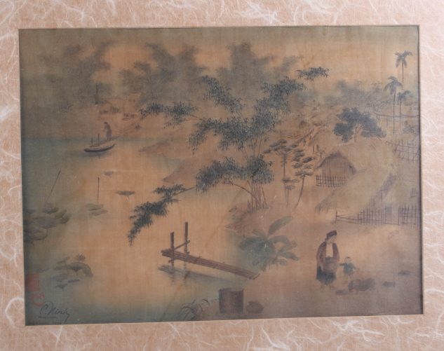 A pair of Vietnamese watercolour landscapes, on silk, in strip frames - Bild 3 aus 9