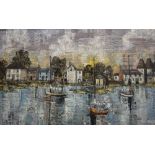 F J Dempsey: oil on canvas, Kentish harbour scene with oast houses, 23" x 39", in strip frame and