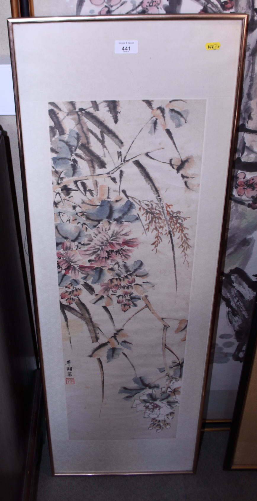 A Chinese watercolour and ink drawing, prunus blossom and rocks, 58" x 31 1/2", and a similar study, - Bild 2 aus 9