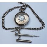 A gentleman's silver cased half-hunter pocket watch, with silver Albert chain and propelling