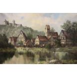 A Continental oil on canvas, timber framed buildings by a lake with distant castle, indistinctly