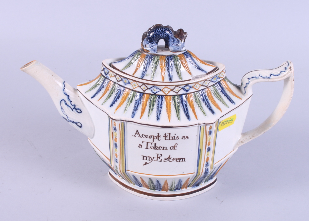 A late 18th century Prattware sprig decorated teapot with motto "Accept this as a Token of my - Image 2 of 6