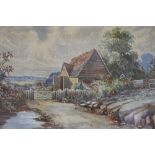 A pair of Victorian watercolours, rural landscapes with figure, house and barn, 7" x 10", in gilt