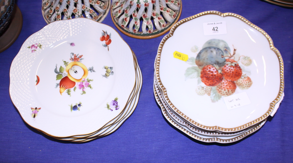 A set of five Herend fruit decorated dessert plates, 80" dia, and five similar Continental dessert